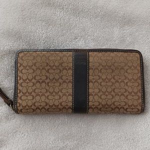Coach Leatherware Zip Around Brown Signature C Canvas & Leather Wallet